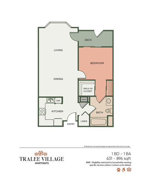 Floor plan for 1 bed, 1 bath